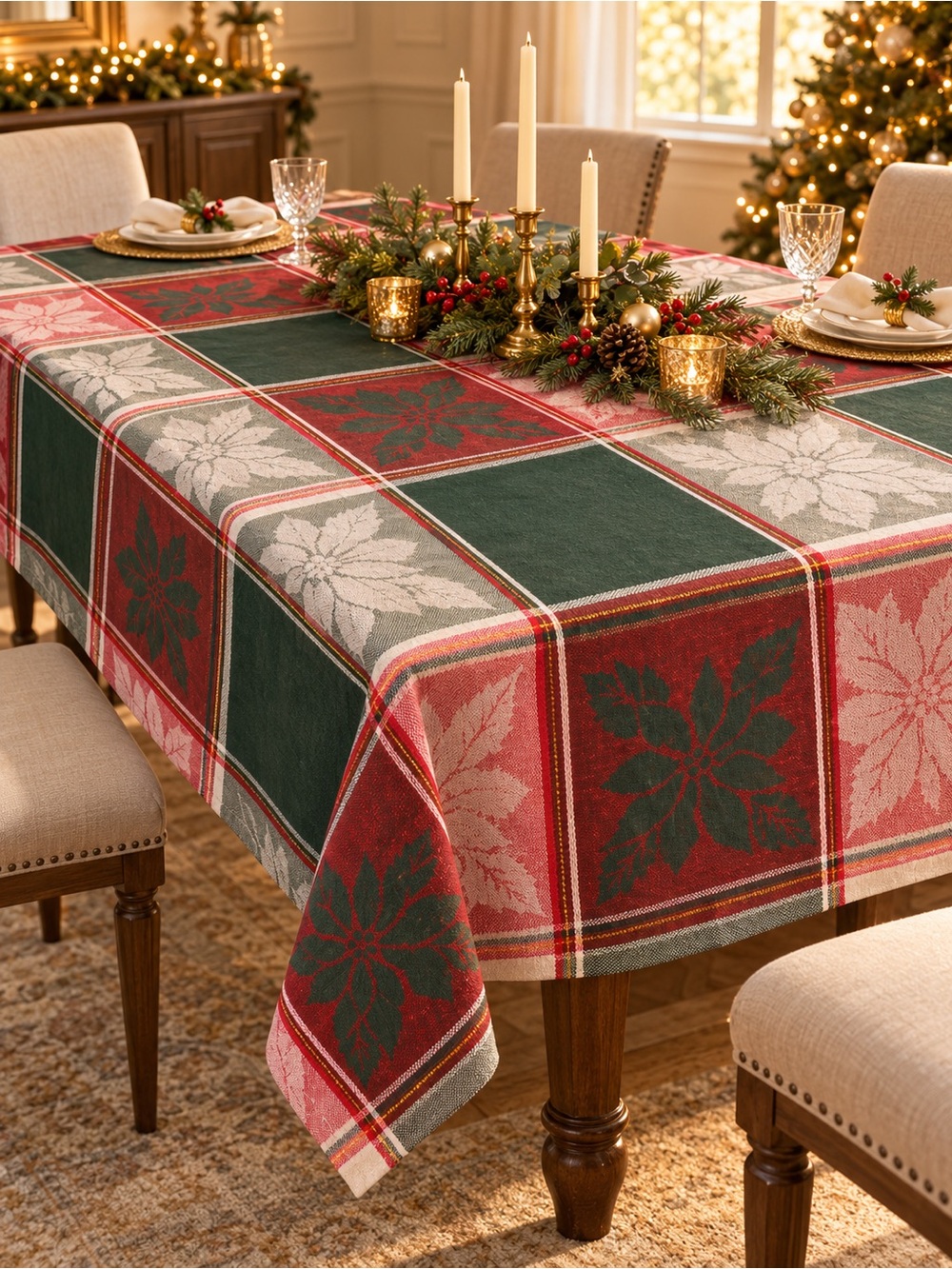 60” × 84” Cotton Park Cottage Christmas Poinsettia Plaid Tablecloth